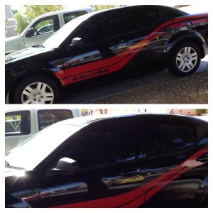 Dodge Avenger 2013 limo tint and racing stripes.
