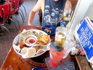 Artichoke dip, Hush Puppies, Shrimp, fries and Coronarita. Burger was on its way, this was only the beginning lol.